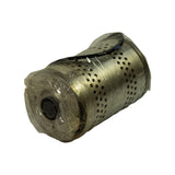 Filter element laid on its side, end-on view showing top cap with central threaded nipple and secondary smaller orifice. Perforated body clearly visible. Poly wrap gathered at top end.