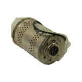 Filter laid horizontally, other end-on view showing base plate and rubber O-ring seal groove. Blue label or stamp fragment visible on body through the wrap.