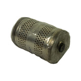 Opposite side angled view with filter rotated approximately 180 degrees. Bottom end cap with central inlet port (hexagonal recessed fitting) now visible at right. Perforated steel shell and original plastic wrap intact.