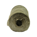Top-down end view showing the large flanged end cap with central hex inlet port and four small mounting/vent holes spaced around the inner plate. Plastic wrap gathered at top.