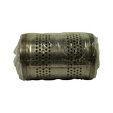 Angled view from bottom end showing the perforated cylindrical body and second end cap with central threaded post. Two distinct rows of perforations visible along body length.