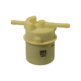 Front-face view showing '203 / MADE IN ISRAEL' moulded into the filter body, with date code '9445' stamped above — consistent with week 44, 1995 manufacture. Two barb outlets clearly visible on upper housing.
