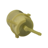 Top-down angled view showing the filter cap with central raised nub and two symmetrical mounting lug tabs on the body flange. All-plastic construction, no packaging present.