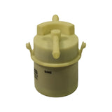 Front-on elevation view showing filter cap with single central barb outlet and two wing-style mounting tabs on flange. '203' and '9445' date code visible on body cylinder.