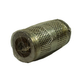 Angled view showing element on its side, filter end-face visible. Inner filter element (paper/felt disc) exposed at one end inside the perforated canister. No visible damage or corrosion.