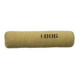 Broadside flat view of filter element showing full length; '100G' stamp clearly legible in stencil block lettering on body; cream/natural woven sock wrap with ribbed texture; no packaging present