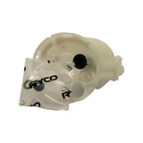 Filter lying on side wrapped in Ryco-branded translucent poly bag; RYCO logo and green/black o-rings visible through packaging; bayonet locking tabs and inlet port at base visible