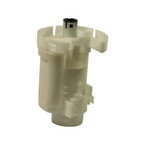 Filter standing upright, front-quarter view; white/off-white cylindrical plastic body with bayonet clip tabs around the equator and lower section; black rubber inlet/outlet collar at base; small black lock tab visible at top inlet port