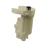 Filter standing, alternate quarter view showing clip tab arrangement and stepped lower housing profile; top inlet port with black rubber seal clearly visible