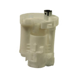 Filter rear-quarter elevated view; inner cylindrical element and outer housing both visible; clip tab detail at mid-body and lower outlet section