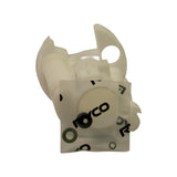 Filter inverted with Ryco-branded poly bag in foreground; bag contains two o-rings — one black, one green — and a circlip-style retaining ring; RYCO logo printed on bag