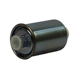 Three-quarter angled view of bare canister, inlet port end visible at left with hex nut and grey plastic protective cap fitted, iridescent zinc-plated steel body, partial Ryco branding visible on body
