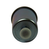 End-on view of outlet port showing hex nut fitting centred in end cap, plastic protective cap seated over port, stepped end cap geometry visible