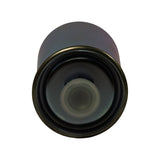 End-on view of inlet port showing recessed hex nut and protective plastic cap, rolled seam visible around circumference of end cap