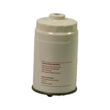 Side view of filter showing 'Important fitting instructions' and 'Service instructions' panels printed in red: apply film of oil or grease to gasket face, tighten minimum 3/4 turn after gasket contacts pad, discharge water regularly.