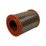 Filter on its side showing barrel profile — note slight taper/waist toward centre of body and pronounced flange on both end caps.