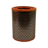 Top-down view of filter standing upright, inner bore of paper element clearly visible through open end cap. Orange rubber sealing ring prominent.