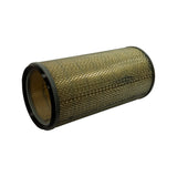 Three-quarter angle view from top showing filter lying on its side. Open end at left reveals hollow core interior with inner expanded metal support tube. Both grey end caps visible.