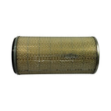 Full side profile, filter horizontal. Pleated media shows uniform golden-yellow colour across entire surface. Expanded metal outer body intact. No tears, dents, or crush damage observed.