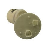 Bottom-up view of the large circular mounting strainer plate. Moulded plastic ribs visible on underside. Moulded code '>POM<' visible on base face indicating polyoxymethylene (acetal) construction. Small rectangular fuel inlet aperture with moulded tabs visible at base centre.