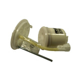Angled rear view showing the assembly separated into two main components: the large circular strainer plate (left) and the cylindrical filter canister with RYCO Z708 label (right), connected by the corrugated yellow suction tube. One stainless guide rod visible protruding from the strainer plate.