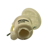 Top-down angled view clearly showing the bayonet-style fuel outlet port on the cylindrical filter body, RYCO IN TANK FUEL FILTER Z708 text printed on label. Two stainless steel guide rods visible. Corrugated yellow suction/return tube visible to the left side.