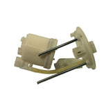 Front elevation showing both components lying flat — strainer plate (left) and filter canister (right) — with both stainless guide rods visible in full length. Yellow corrugated suction tube connecting the two sections. Small bagged O-ring visible behind strainer plate.