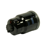 Three-quarter angle view showing filter on its side, top-left. Confirms stepped body profile, ribbed plastic priming cap, bleed nipple, and blue text markings including 'GUD Automotive Pty Ltd', 'High Efficiency', 'Z686'. Small red dot visible near top of canister — likely a sensor port or flow indicator.