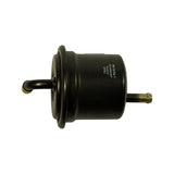 Three-quarter front view of bare filter body showing cylindrical black steel canister with flanged collar, straight outlet nipple at right, curved elbow inlet nipple at left with gold/brass tip. 'MICROFIL™ ELEMENT / MADE IN ISRAEL' text printed on body.
