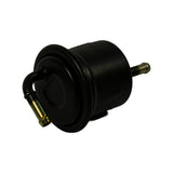 Opposite three-quarter view showing flat top cap and curved elbow inlet nipple with brass tip prominent in foreground, straight outlet nipple visible at right.
