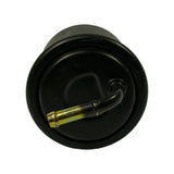 Bottom-up view of flat end cap showing moulded arrow/flow direction marking and curved elbow nipple with brass tip extending from the base perimeter.
