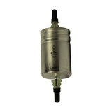 Side view of cylindrical steel inline fuel filter, showing 'MICROFILM™ ELEMENT / MADE IN ISRAEL' stamping, directional FLOW arrow, date code '9820', and both quick-connect ports with green plastic retainer clips and black rubber protective caps installed.