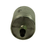 Opposite end face showing outlet port with protective cap and retainer clip, partial text visible on body, and stamped date code '9820' on canister wall.