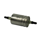 Three-quarter view showing both ports simultaneously — 'MICROFILM™ ELEMENT / MADE IN ISRAEL' text and FLOW arrow clearly legible on body alongside date code '9820'.