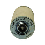 Bottom end cap face-on showing stamped markings: LFF3403, P0630459, 20988, MADE IN INDIA; central inlet port with mesh screen visible