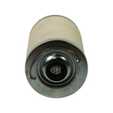 Top end cap face-on showing outlet port with mesh screen, spring retaining clip, and smooth galvanised end cap; no markings on this face