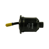 Filter body side profile, horizontal orientation. 'RYCO FUEL FILTER Z541 MADE IN ISRAEL' markings clearly legible. Small barb port at left with yellow cap; hex threaded outlet port at right with internal bore visible.