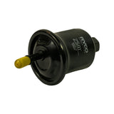 Filter body three-quarter view from inlet side. 'RYCO FUEL FILTER Z541 MADE IN ISRAEL' stamp readable. Yellow-capped barb inlet port protruding from flanged base at lower left. Hex outlet port at upper right.