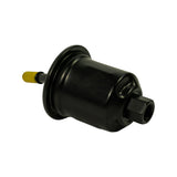 Filter body from hex outlet port end. Flanged base with barb inlet port (yellow cap) at left. Square-drive hex nut outlet port clearly showing internal threaded bore. Black painted steel canister body.