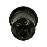 Filter body viewed from hex outlet port end-on. Flanged mounting rim visible around perimeter. Central hex outlet port with internal bore. Black painted steel canister.