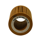 Top face close-up of filter element. Markings clearly read 'P969', 'Made in Germany', '090119'. Inner bore shows white nonwoven liner.