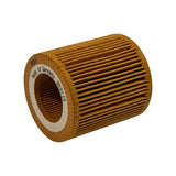 Angled top-of-element view showing same markings from a slightly lower angle. Filter pleats and end cap construction visible.