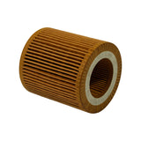 Side/bottom angled view showing full height of cylindrical element. Pleated paper filter media visible around circumference. Bottom bore open.