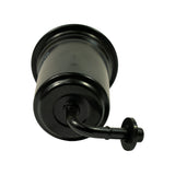 Top-down view of inlet end showing ribbed cap seam, curved elbow barb exiting base, and blanking plug with flange; minor surface dust consistent with shelf storage