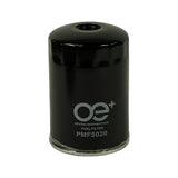 Filter body face-on, upright — OE+ logo and 'FUEL FILTER PMF5020' legend clearly legible in silver print on gloss black canister; single central inlet port visible at top