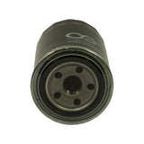 Base plate of filter shown head-on — chrome-finished spin-on base with central threaded inlet port surrounded by six evenly spaced return-port holes; date code partially visible on canister shoulder