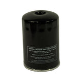 Filter body reverse face — 'INSTALLATION INSTRUCTIONS' panel printed in white on black canister; date code '25.04.03' stamped near top shoulder