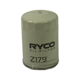 Filter canister front view; light grey-green metallic body, RYCO OIL FILTER and Z179 printed in black; top cap stamped with alphanumeric code (appears to include Z179 and a date/batch code); canister in new, unused condition with no staining.