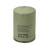 Filter canister reverse side; fitting instructions printed in English: apply oil to gasket, tighten minimum 3/4 turn after gasket contact, refill and check for leaks; Z179 part number repeated below instructions.