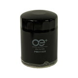 Filter alone, front-facing upright. OE+ 'Original Equipment Plus' wordmark, 'OIL FILTER' and 'PMO1528' embossed in grey on black lacquered canister body. Metal seam crimp visible at base.